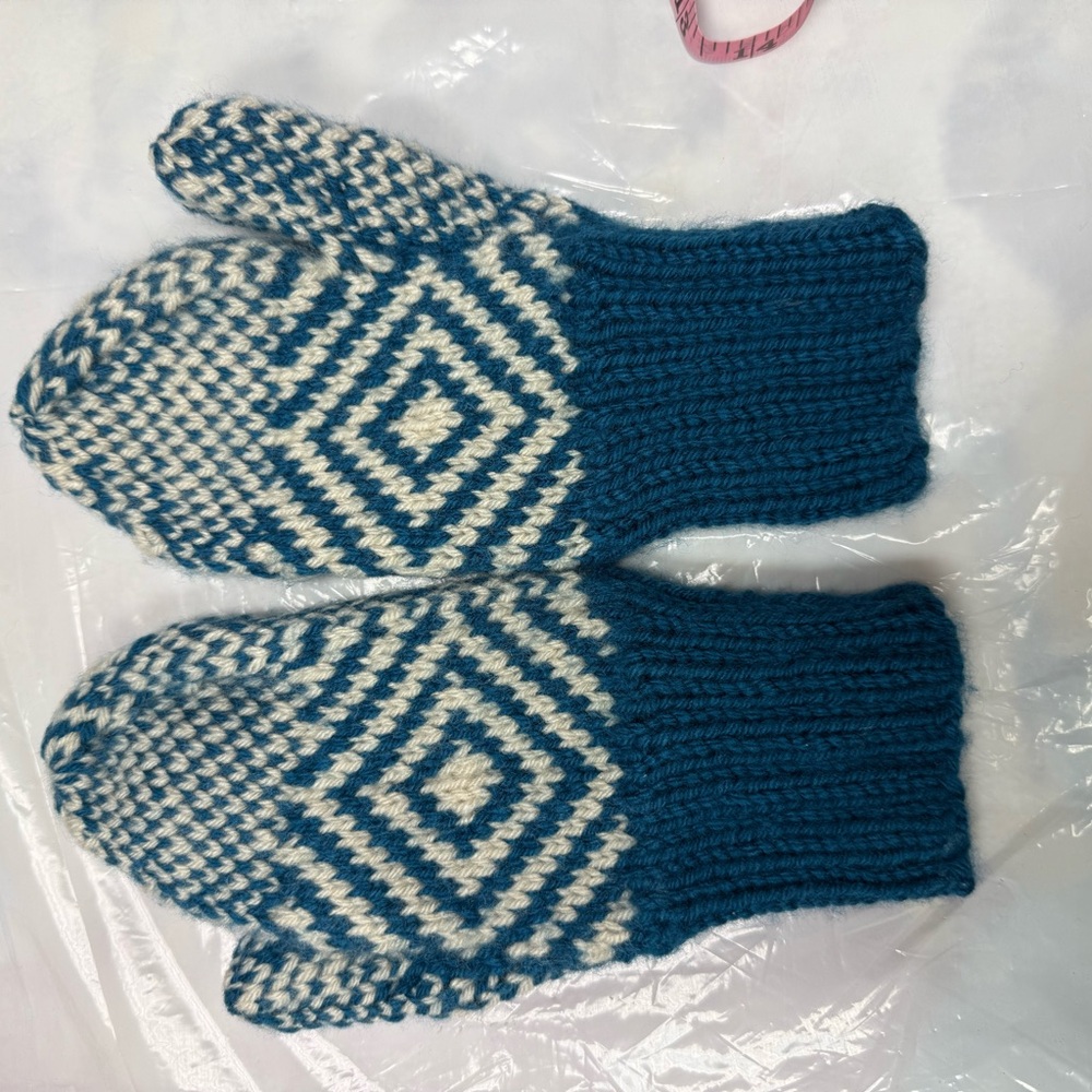 Home made by my mom. 
Blue and White Knit Mittens